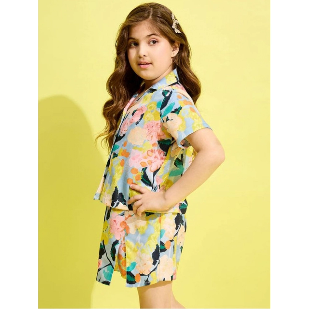 Generic Girl's Polyester Cotton Blend Pattern-Floral Short Sleeves Skorts Set (Blue-Multicolor) - Image 3