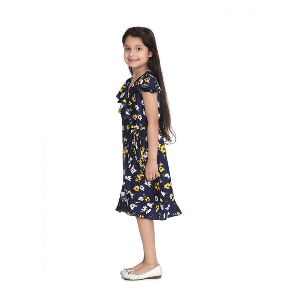 Generic Girl's Polyester Crepe Polka Cold Shoulder Dress (Navy Blue) - Image 4