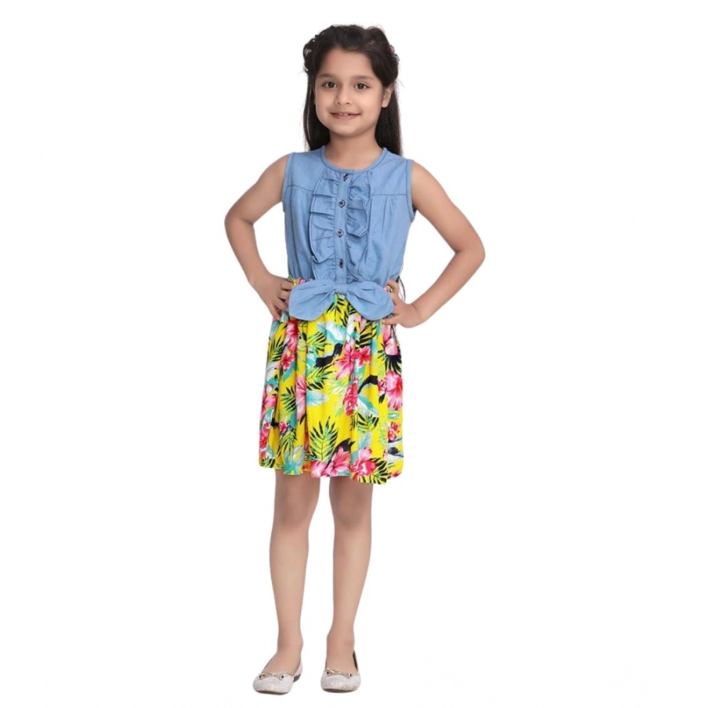 Generic Girl's Denim Floral Sleeveless Dress (Blue-Yellow) - Image 2