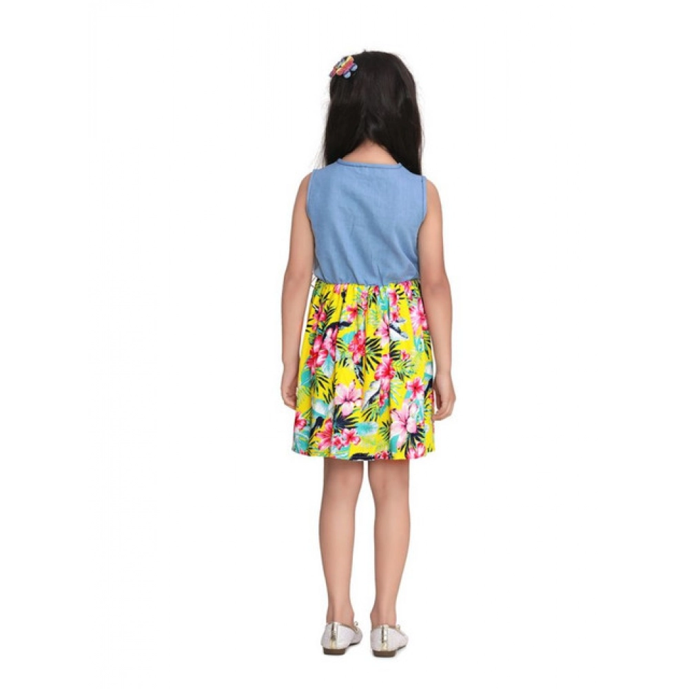 Generic Girl's Denim Floral Sleeveless Dress (Blue-Yellow) - Image 3
