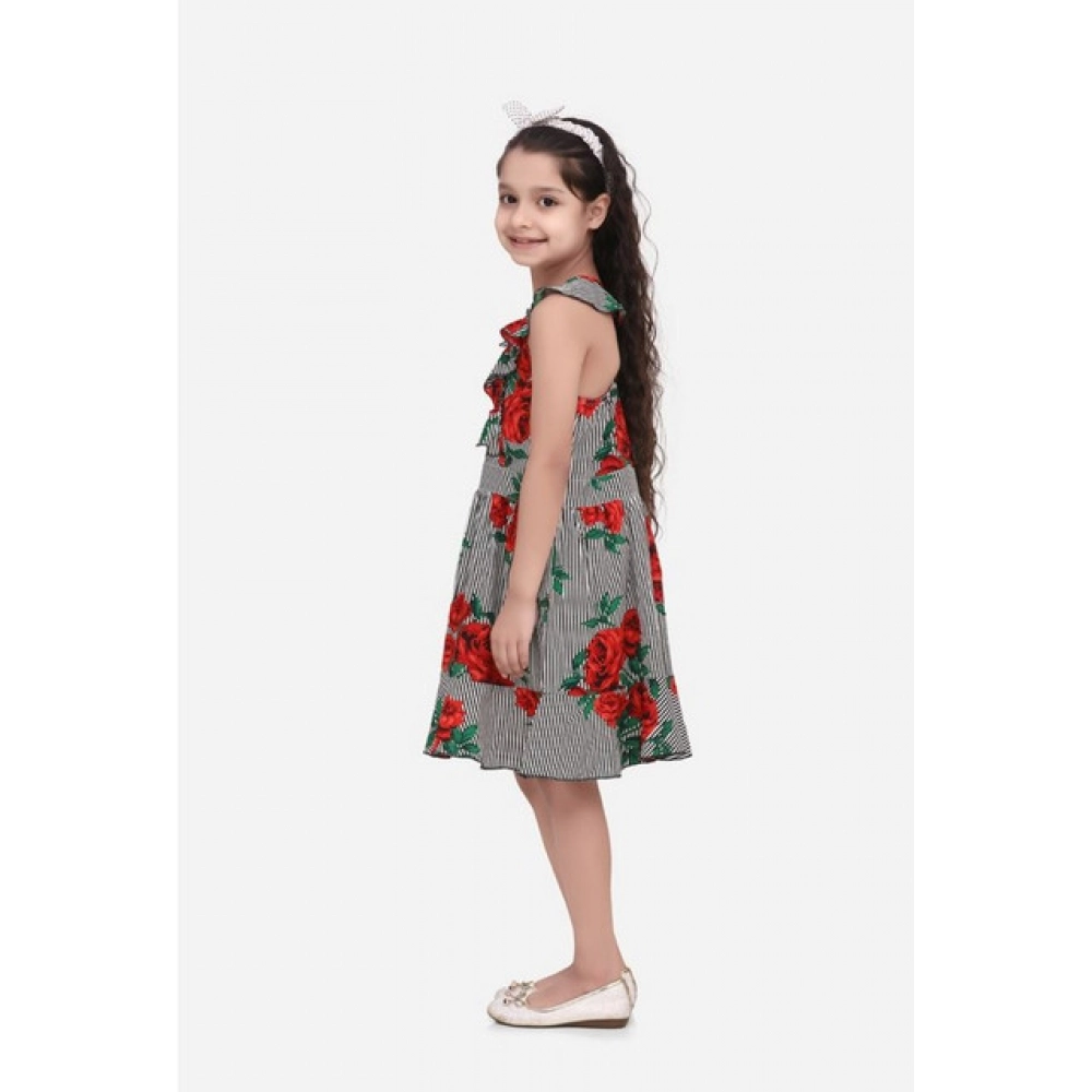 Generic Girl's Polyester Crepe Floral Shoulder Straps Dress (Red) - Image 4