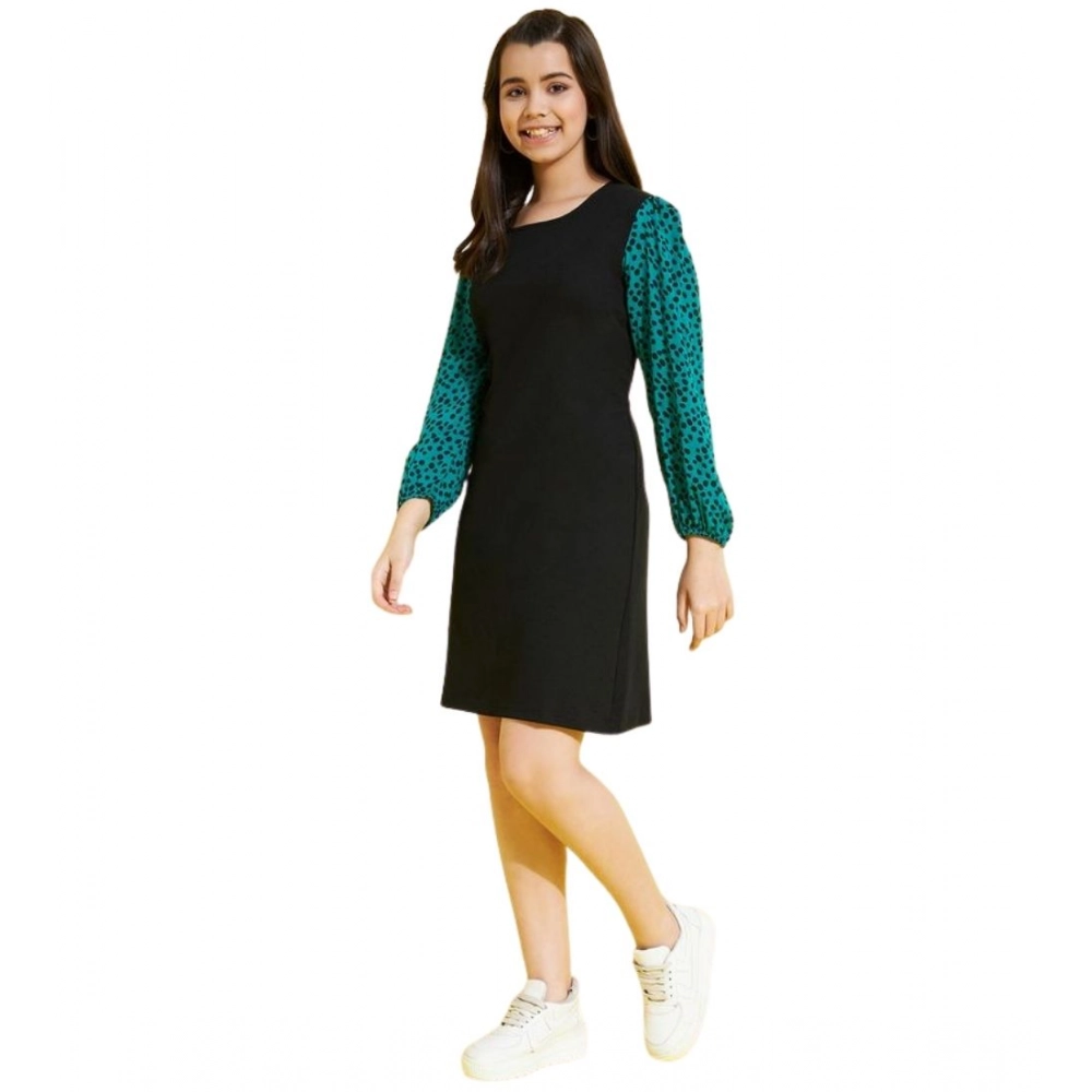 Generic Girl's Polyester Printed Long Sleeves Dress (Black-Green) - Image 2