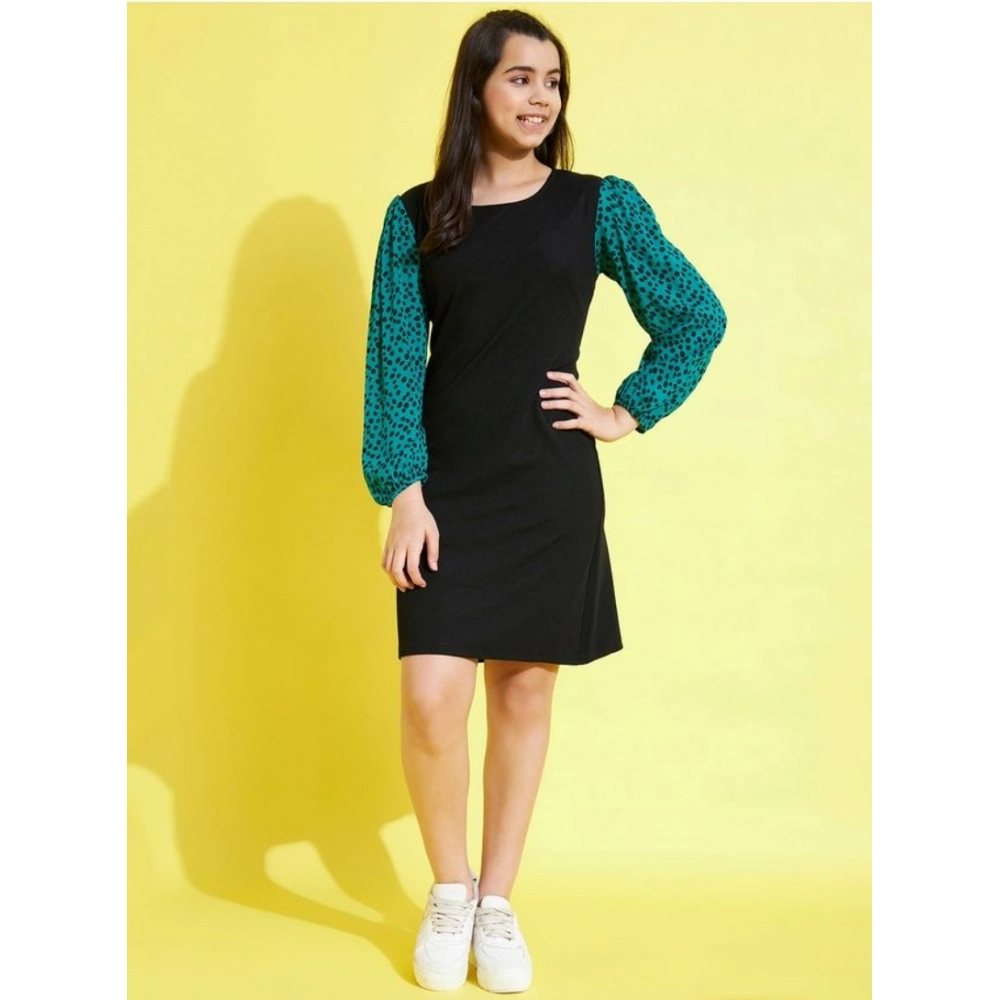 Generic Girl's Polyester Printed Long Sleeves Dress (Black-Green) - Image 3