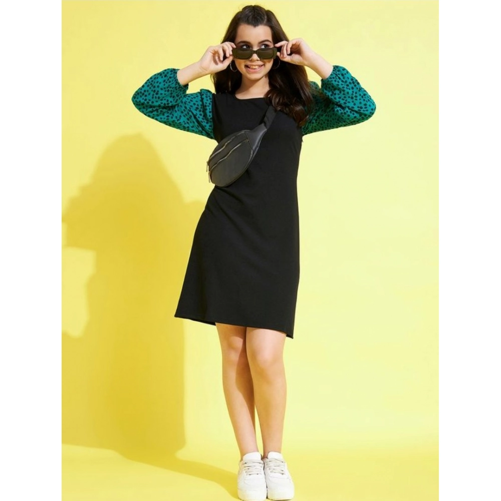 Generic Girl's Polyester Printed Long Sleeves Dress (Black-Green) - Image 4