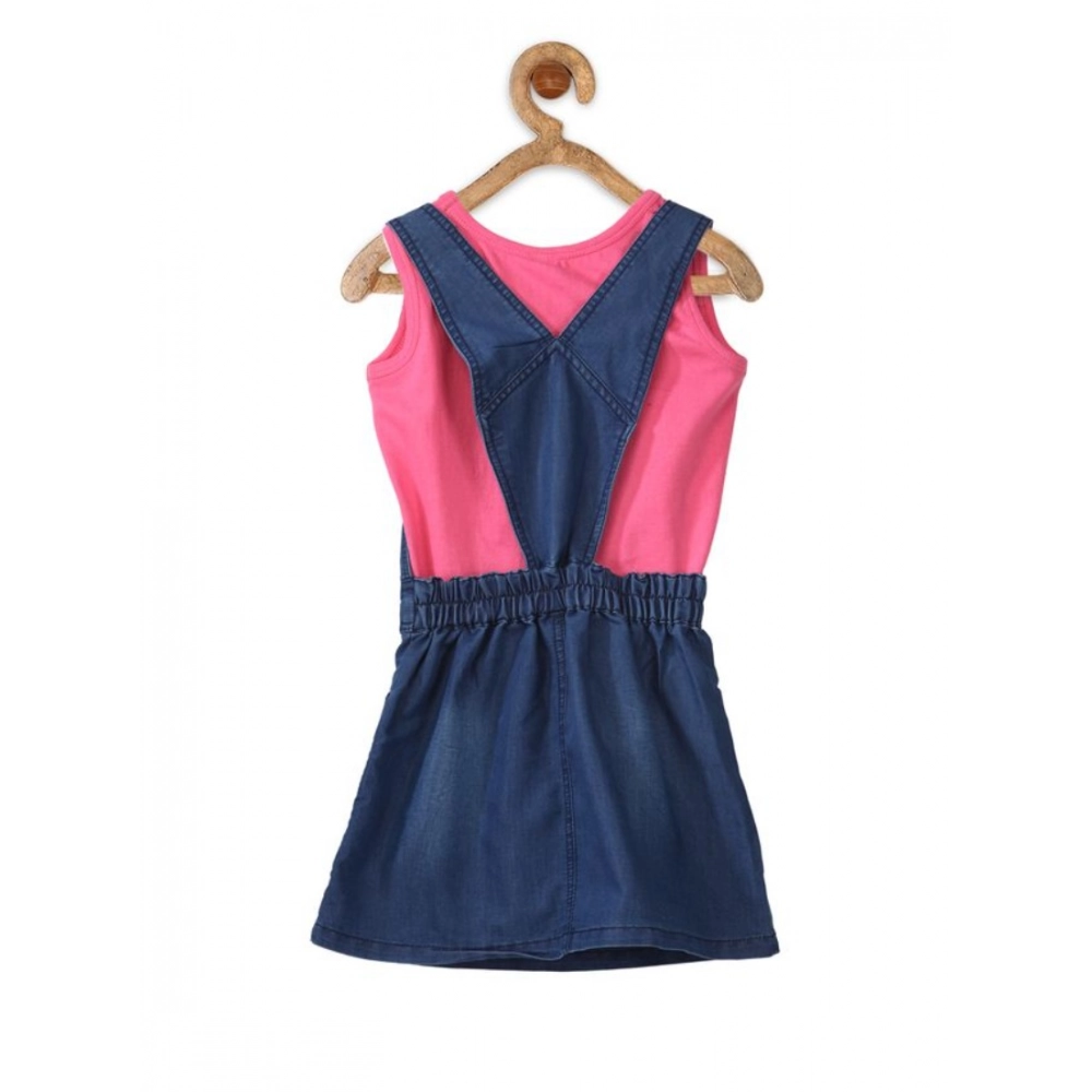 Generic Girl's Denim & Cotton Bow Sleeveless Dungaree (Pink) - Image 2