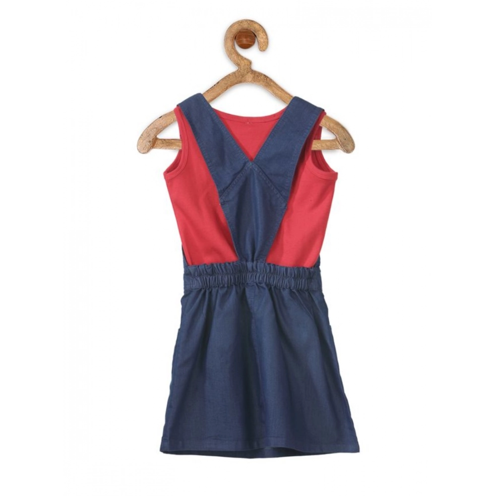 Generic Girl's Denim & Cotton Bow Sleeveless Dungaree (Red) - Image 2