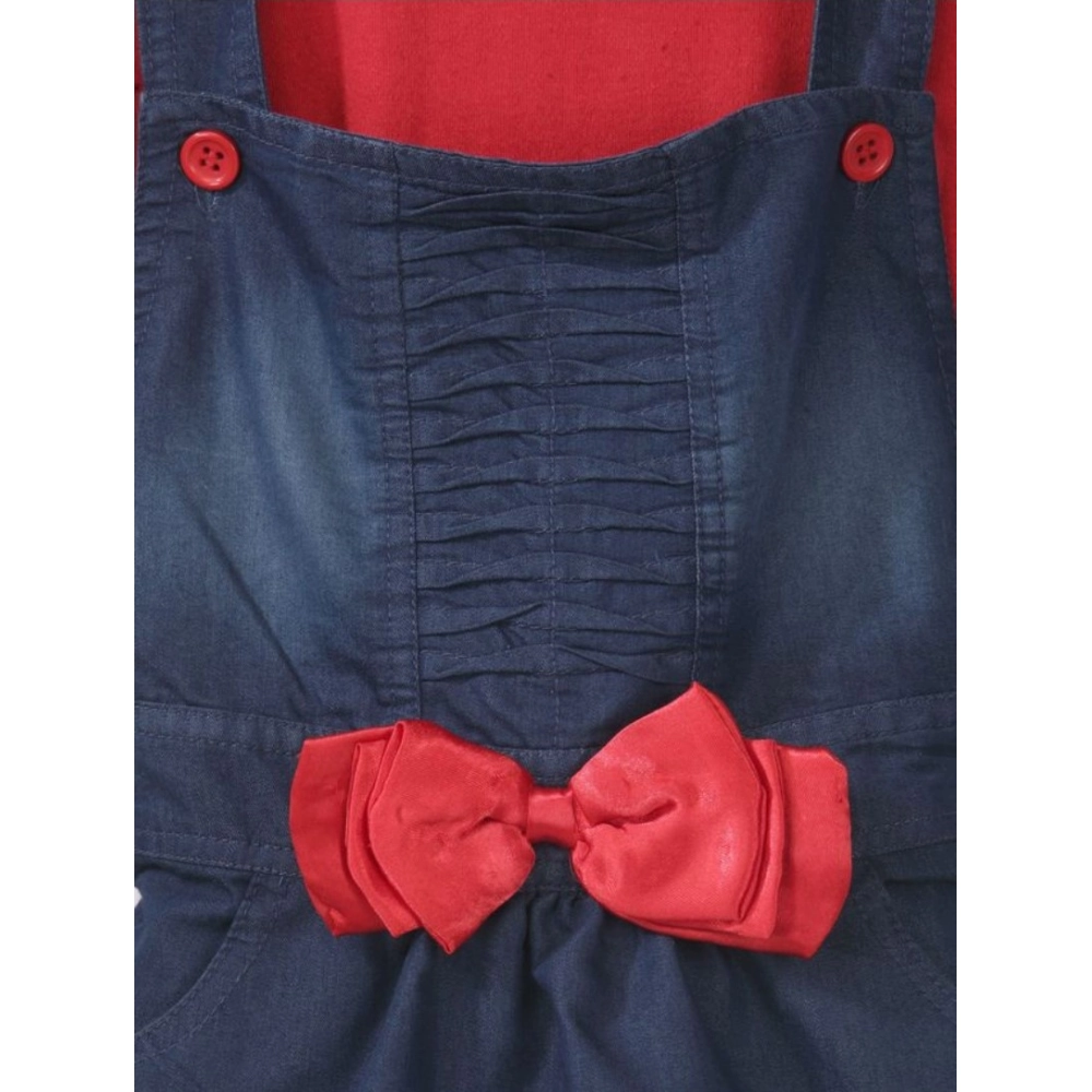 Generic Girl's Denim & Cotton Bow Sleeveless Dungaree (Red) - Image 3