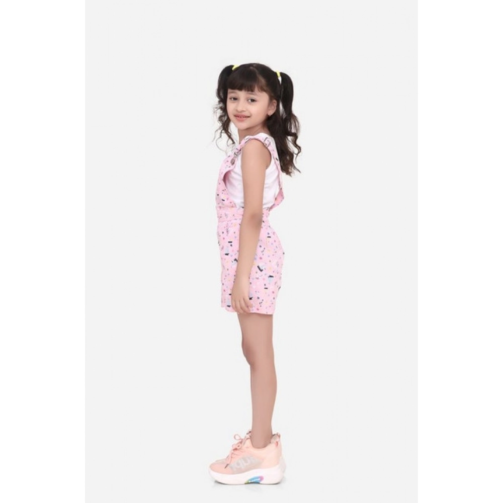 Generic Girl's Inner- Cotton Printed Sleeveless Dungaree (Light Pink) - Image 4