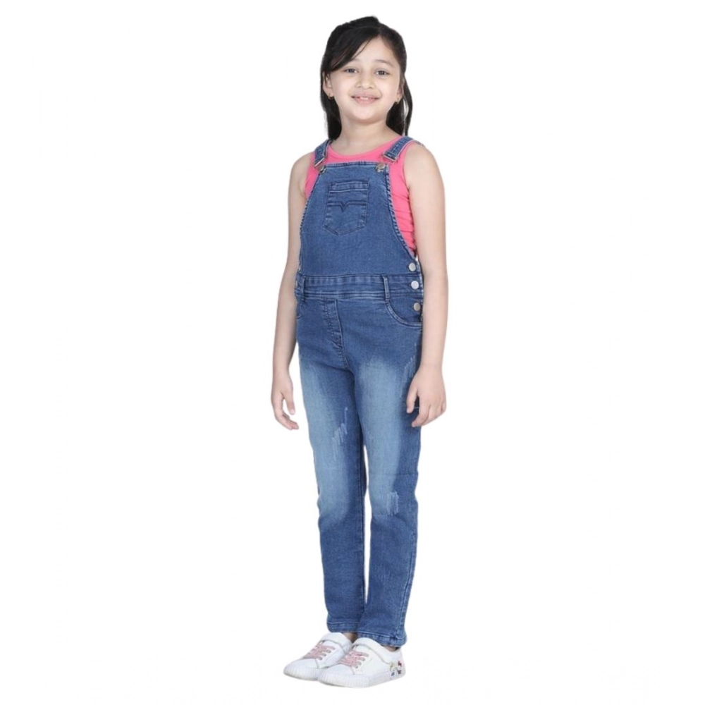 Generic Girl's Denim Washed Buttoned Dungaree (Blue) - Image 2