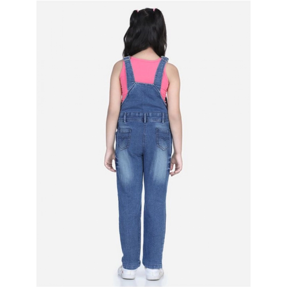 Generic Girl's Denim Washed Buttoned Dungaree (Blue) - Image 3