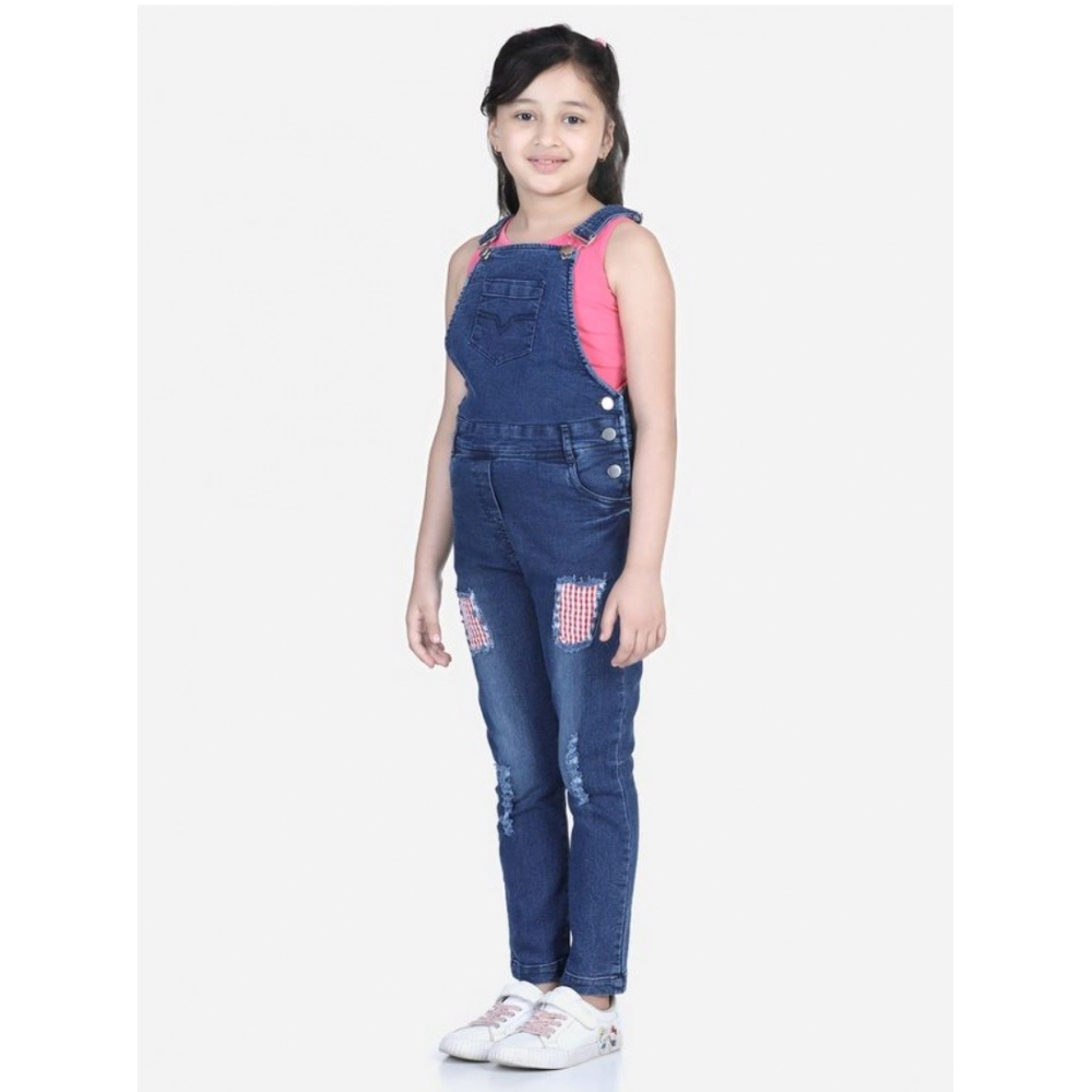 Generic Girl's Denim Patch Work Buttoned Dungaree (Blue) - Image 2