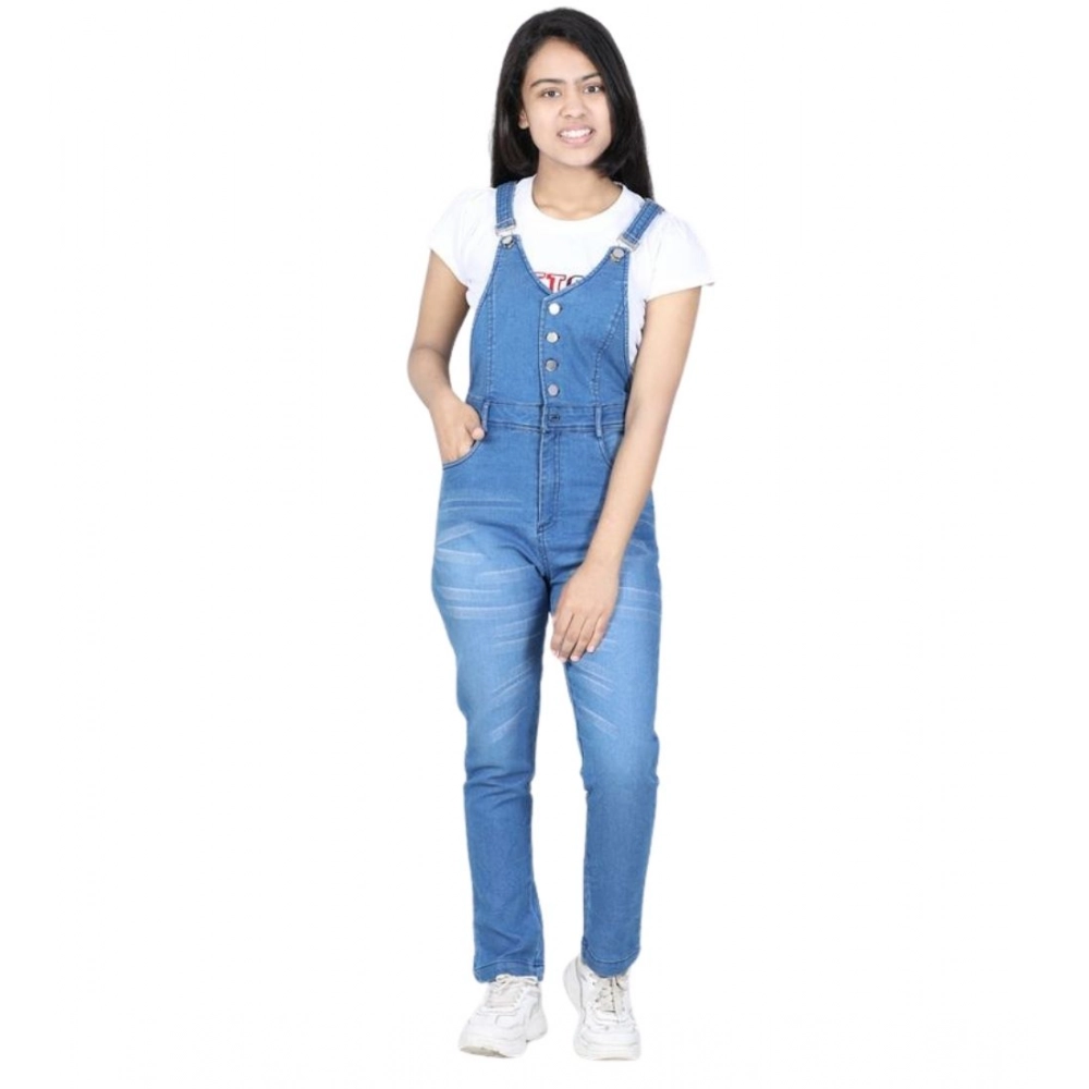 Generic Girl's Denim Solid Buttoned Dungaree (Blue) - Image 2