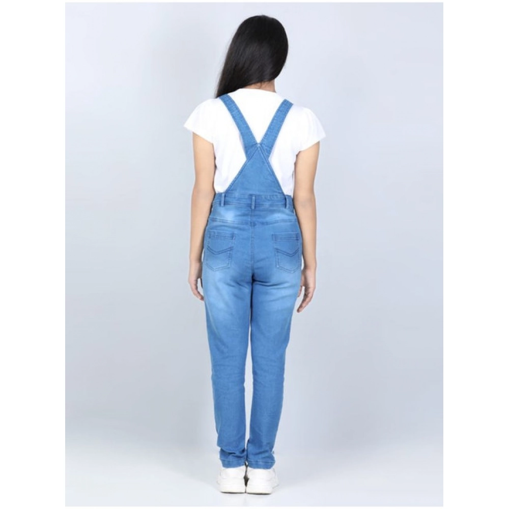 Generic Girl's Denim Solid Buttoned Dungaree (Blue) - Image 3