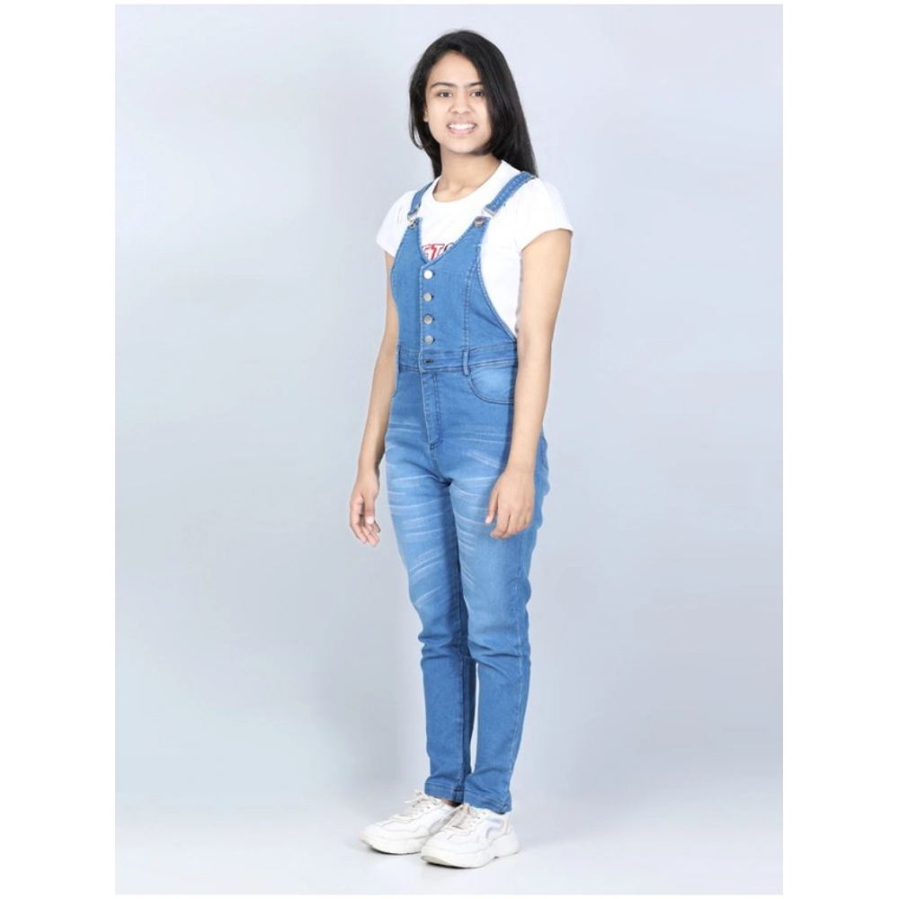 Generic Girl's Denim Solid Buttoned Dungaree (Blue) - Image 4