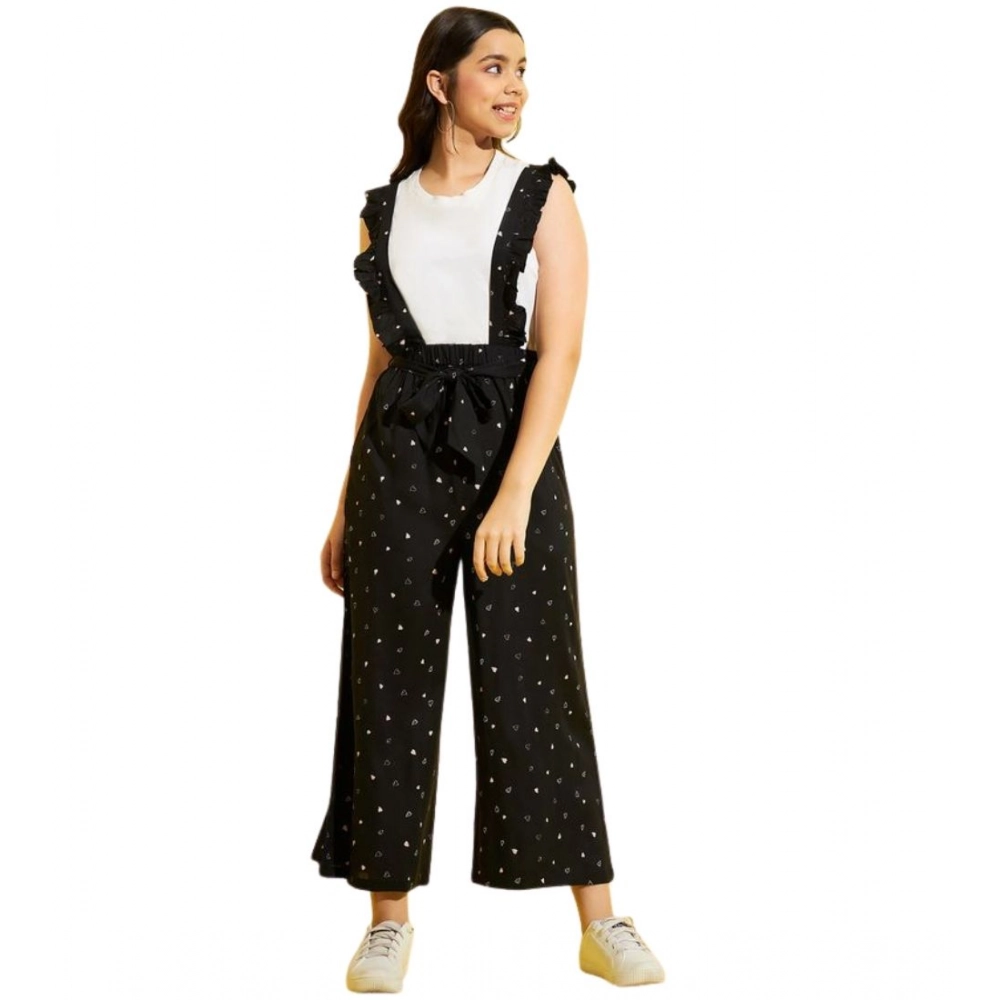 Generic Girl's Cotton Printed Sleeveless Dungaree (Black-White) - Image 2