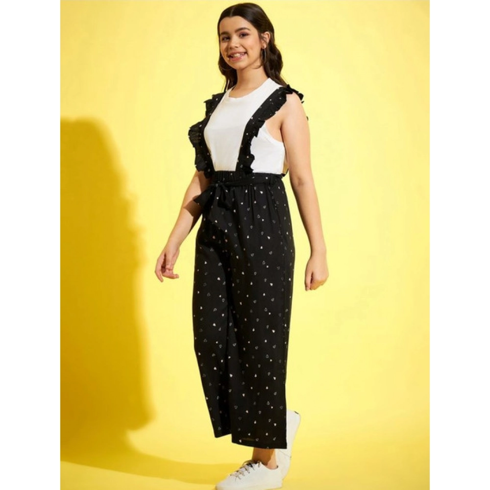 Generic Girl's Cotton Printed Sleeveless Dungaree (Black-White) - Image 3