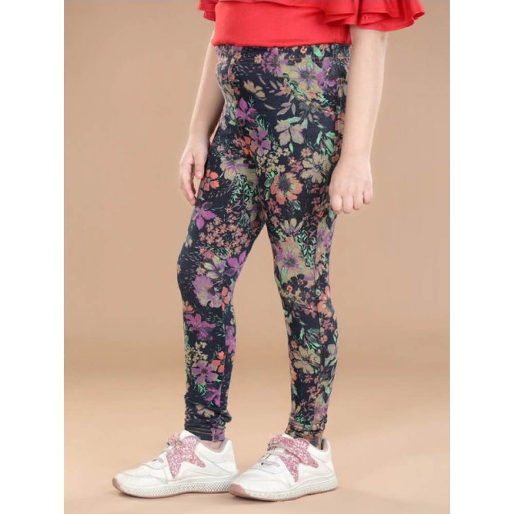 Generic Girl's Cotton Lycra Floral Elasticated Jeggings (Multicolor) - Image 3