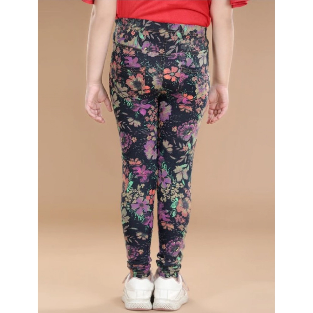Generic Girl's Cotton Lycra Floral Elasticated Jeggings (Multicolor) - Image 4