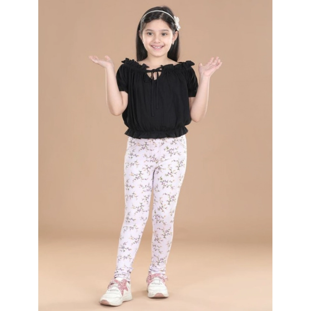 Generic Girl's Cotton Lycra Floral Elasticated Jeggings (Multicolor)