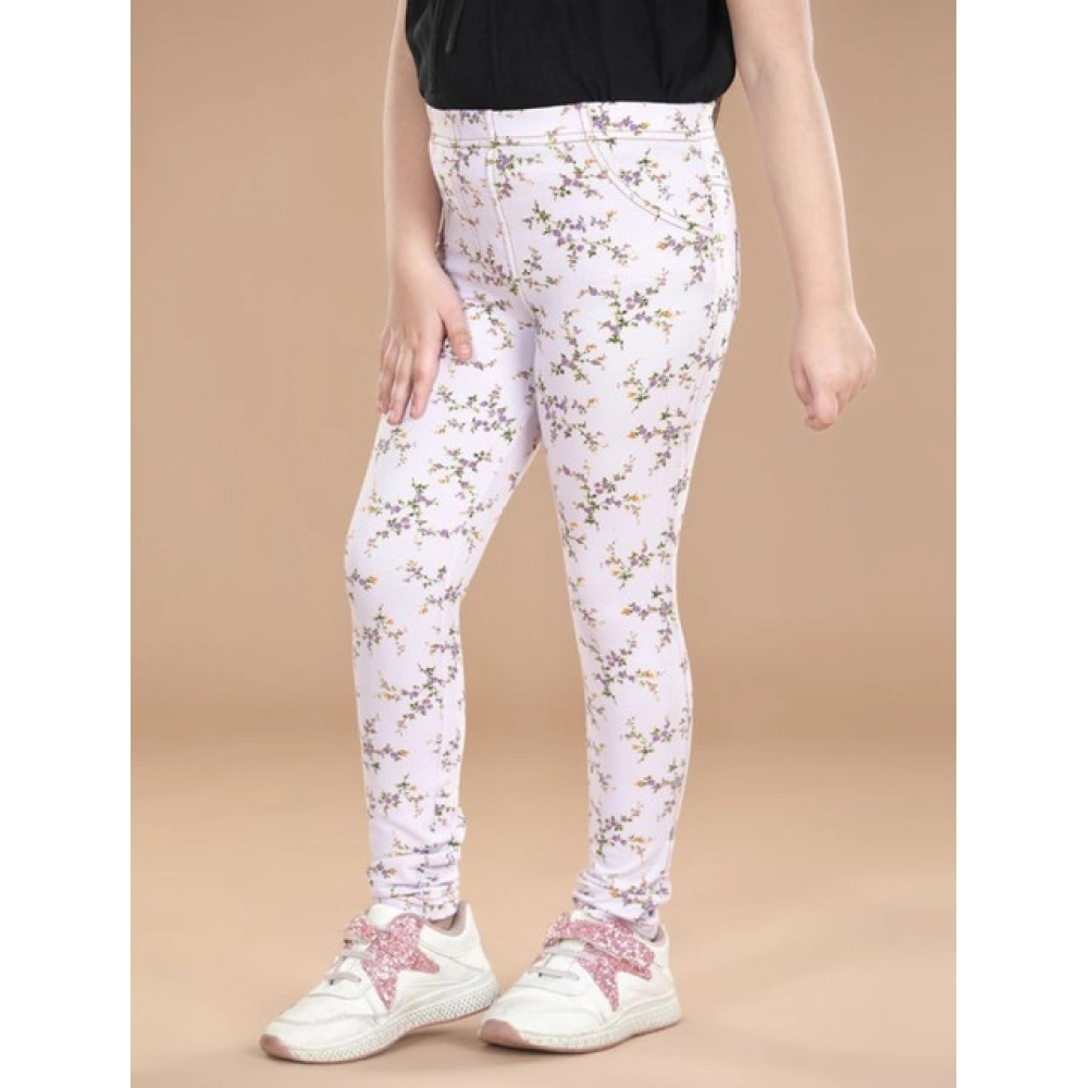 Generic Girl's Cotton Lycra Floral Elasticated Jeggings (Multicolor) - Image 3