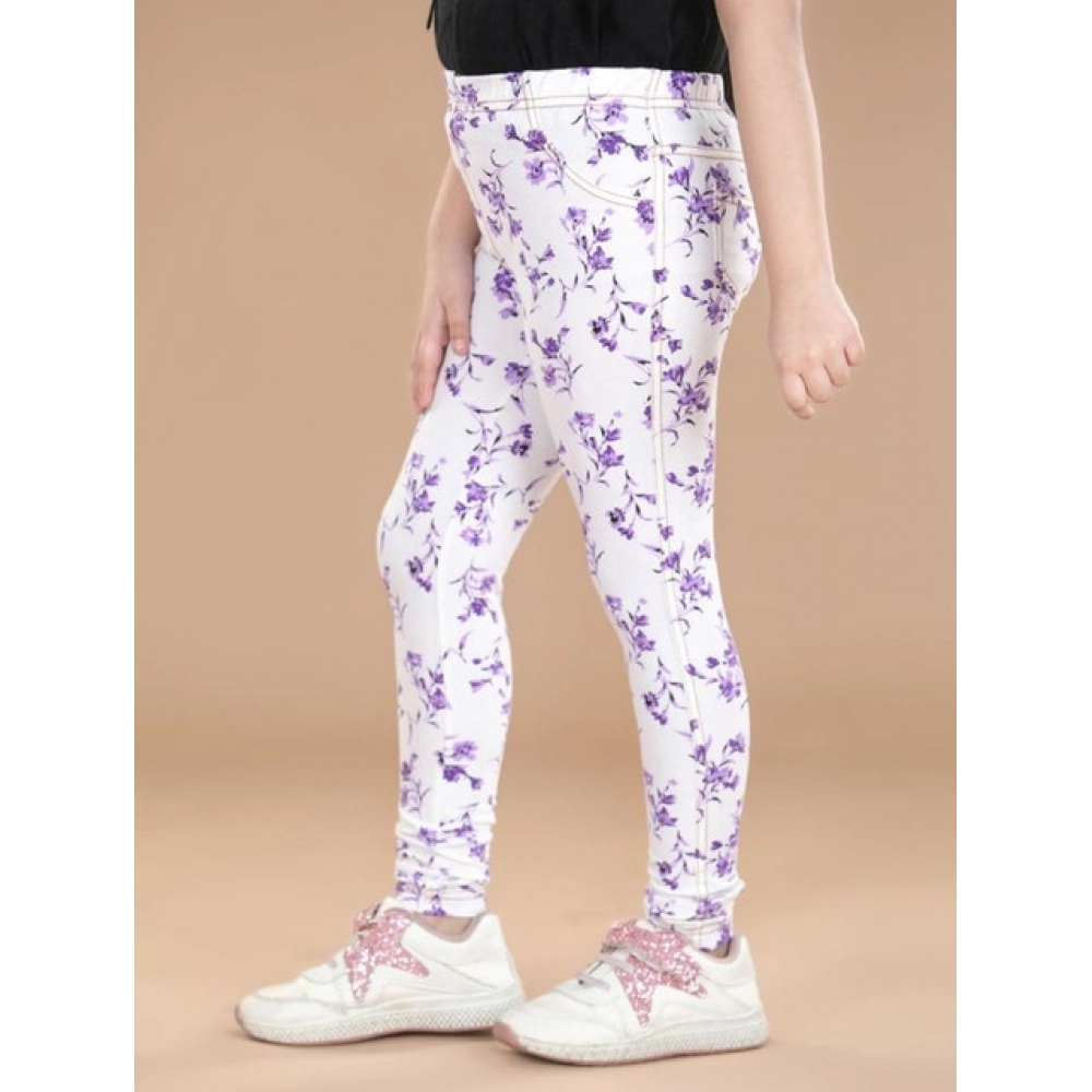 Generic Girl's Cotton Lycra Floral Elasticated Jeggings (White-Lavender) - Image 3