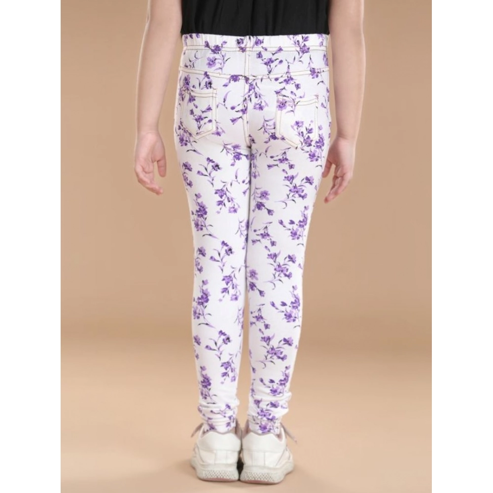 Generic Girl's Cotton Lycra Floral Elasticated Jeggings (White-Lavender) - Image 4