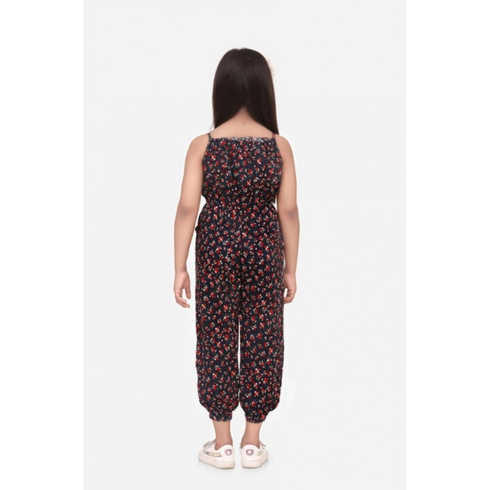 Generic Girl's Rayon Floral Sleeveless Jumpsuit (Black-Red) - Image 2