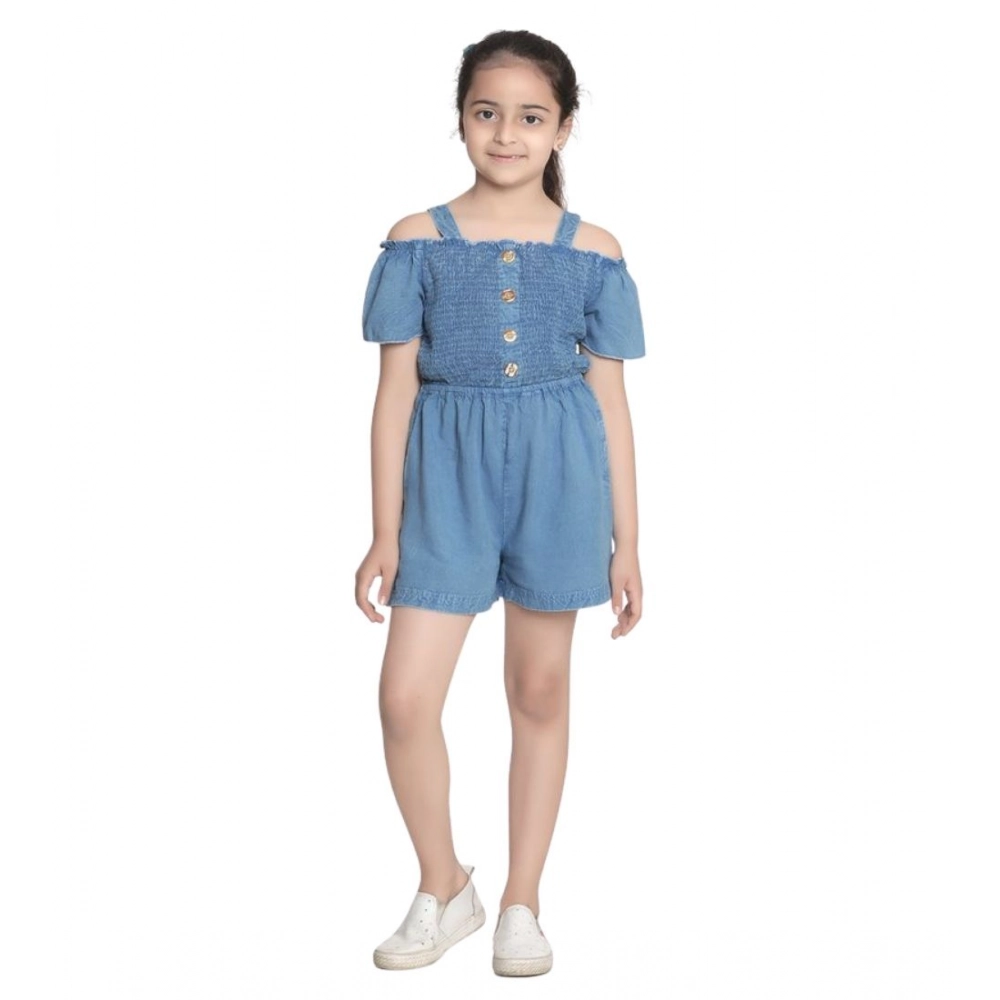 Generic Girl's Rayon Solid Sleeveless Jumpsuit (Blue) - Image 2