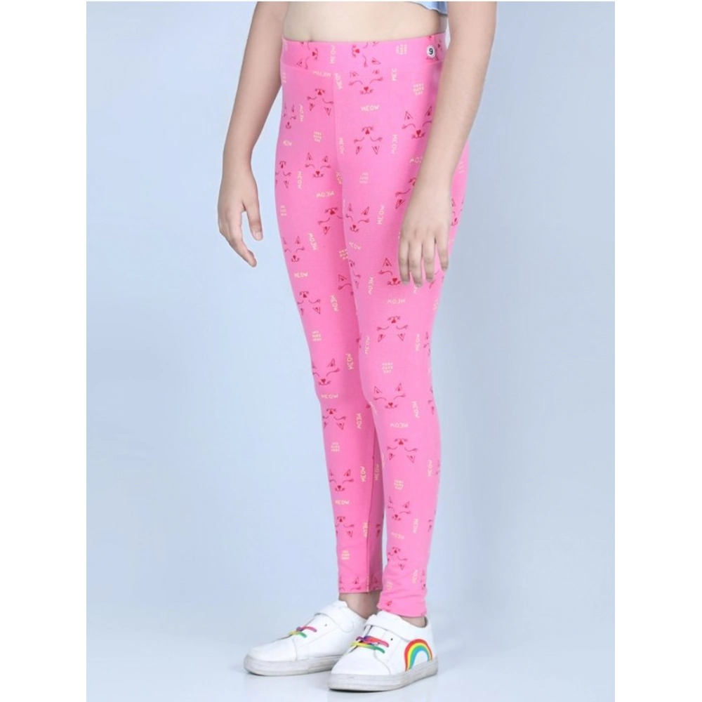 Generic Girl's Cotton Lycra Printed Elasticated Leggings (Pink) - Image 3