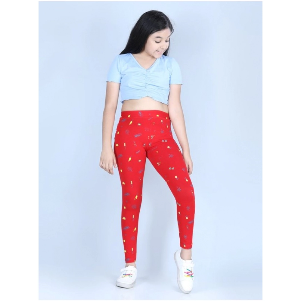Generic Girl's Cotton Lycra Printed Elasticated Leggings (Red)
