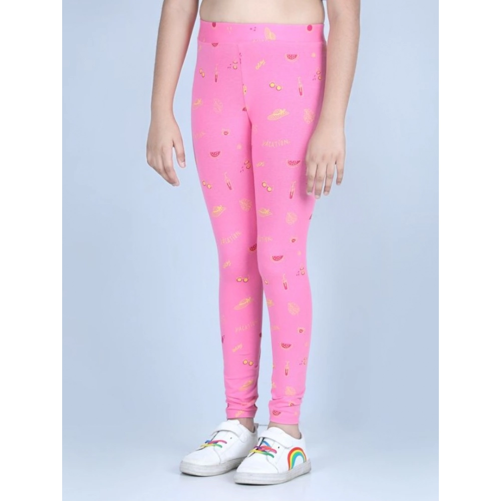 Generic Girl's Cotton Lycra Printed Elasticated Leggings (Pink) - Image 3