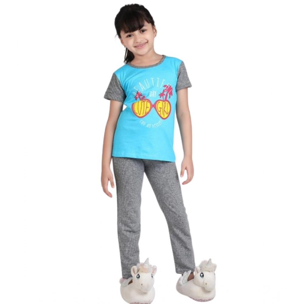 Generic Girl's Cotton Hosiery Printed Night Suit Set (Blue-Grey) - Image 2
