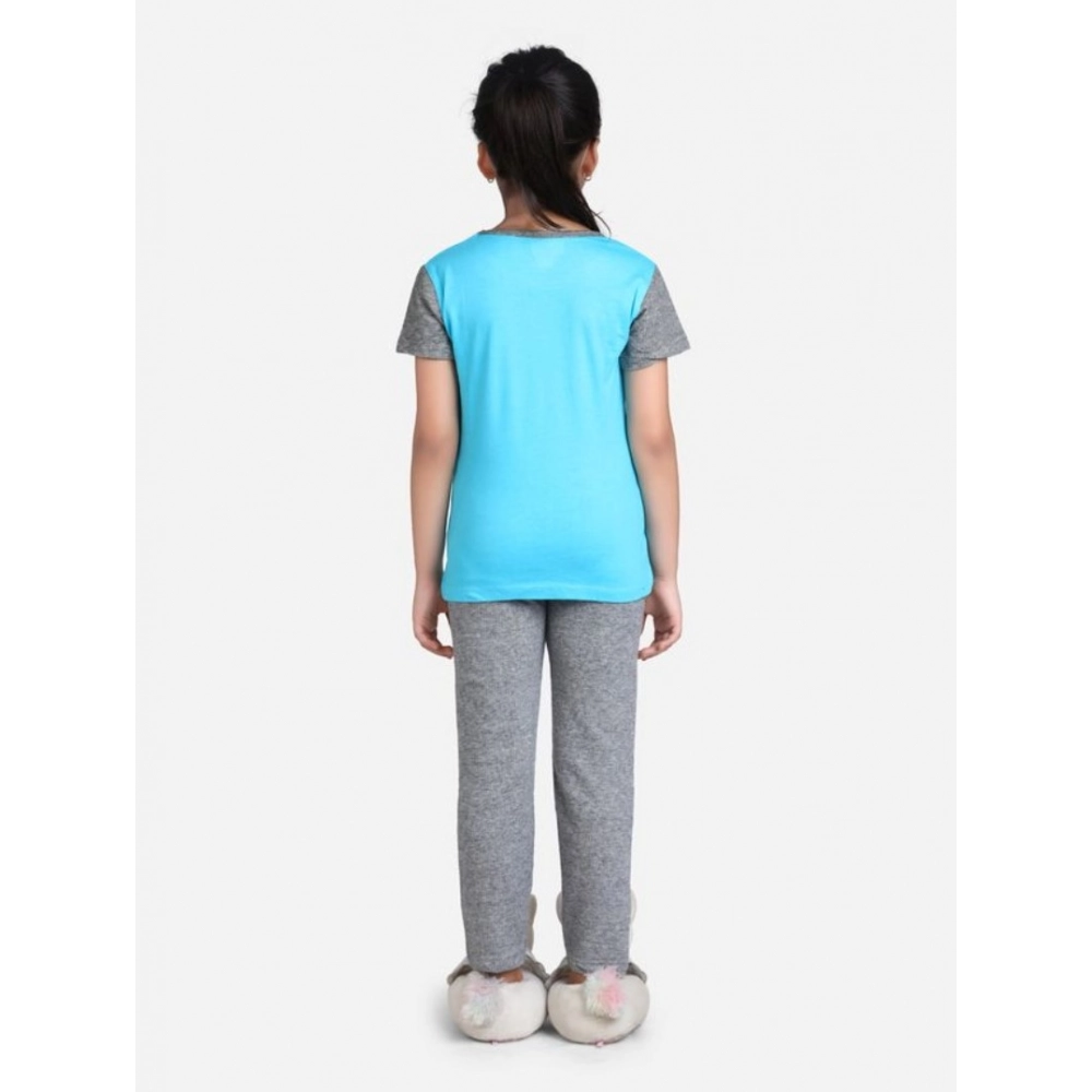 Generic Girl's Cotton Hosiery Printed Night Suit Set (Blue-Grey) - Image 3