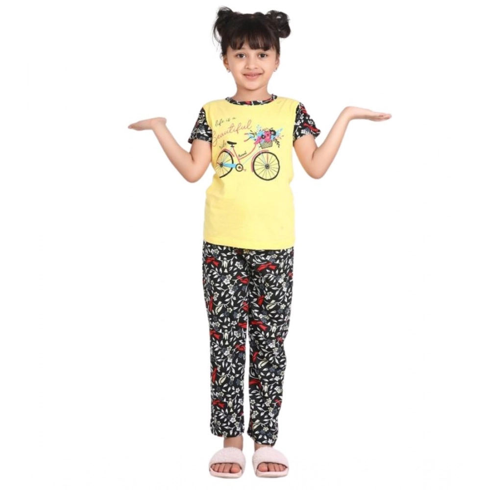 Generic Girl's Cotton Hosiery Printed Night Suit Set (Yellow-Black) - Image 2