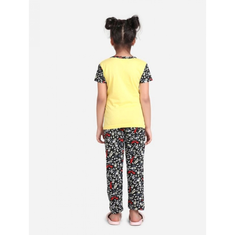 Generic Girl's Cotton Hosiery Printed Night Suit Set (Yellow-Black) - Image 3