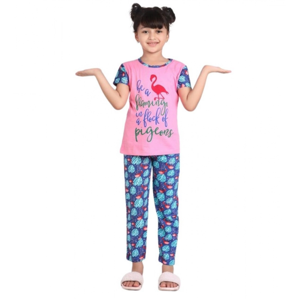 Generic Girl's Cotton Hosiery Printed Night Suit Set (Pink-Blue) - Image 2