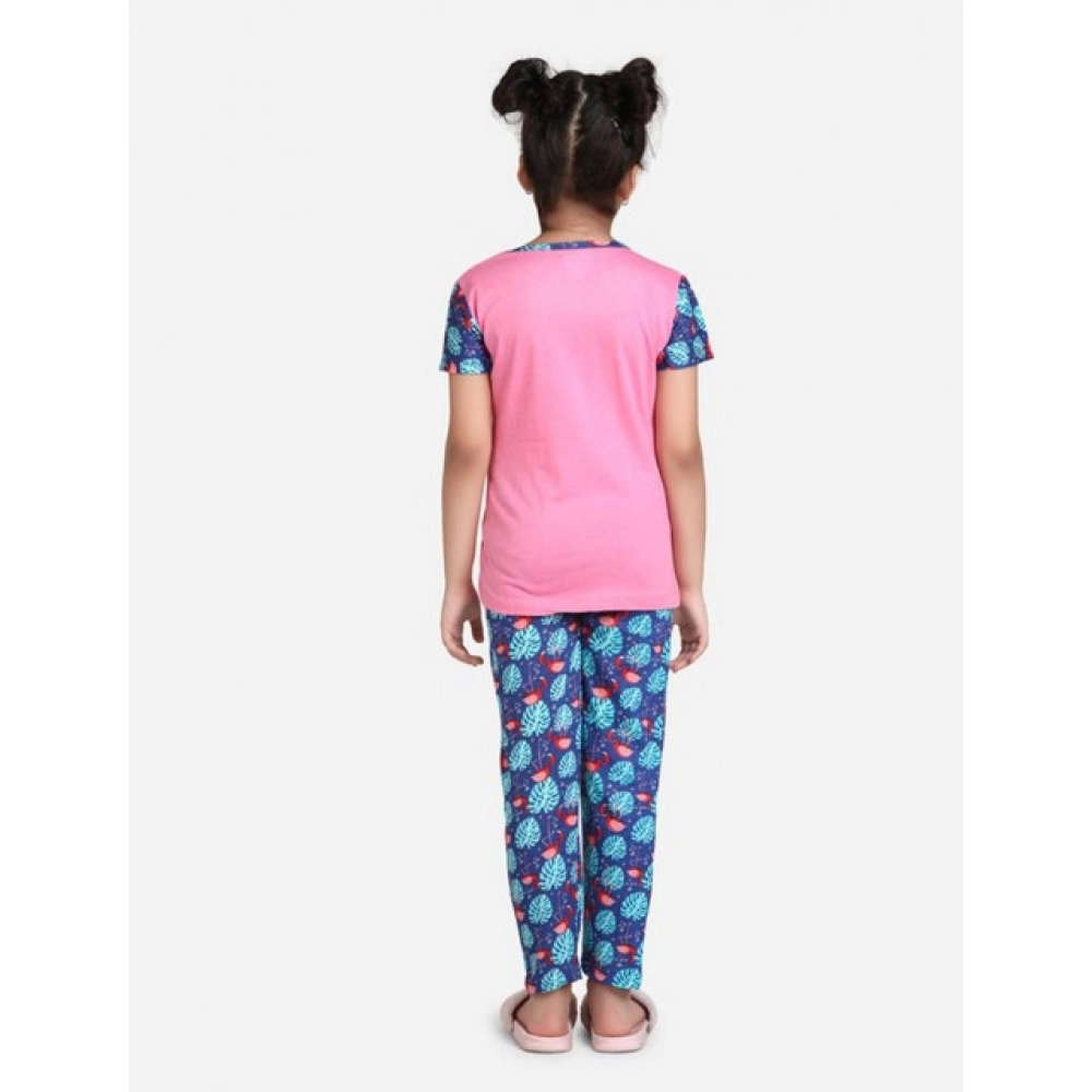 Generic Girl's Cotton Hosiery Printed Night Suit Set (Pink-Blue) - Image 3