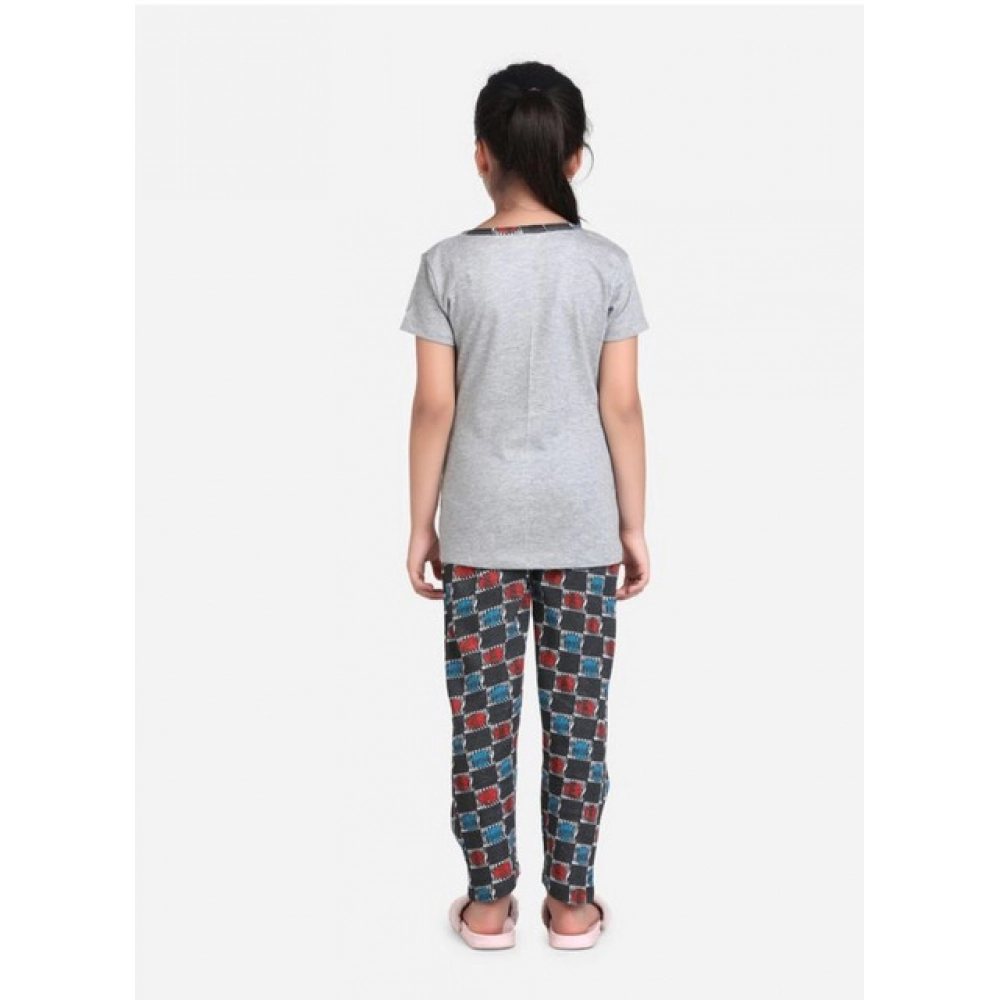 Generic Girl's Cotton Hosiery Printed Night Suit Set (Grey-Red) - Image 3