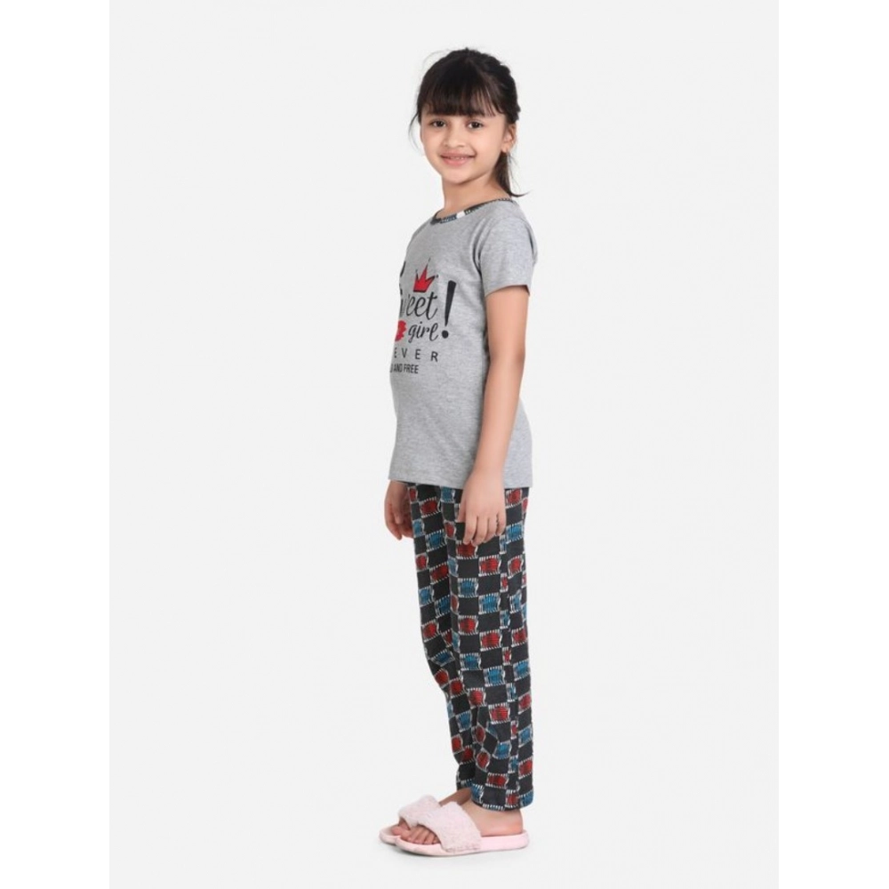 Generic Girl's Cotton Hosiery Printed Night Suit Set (Grey-Red) - Image 2
