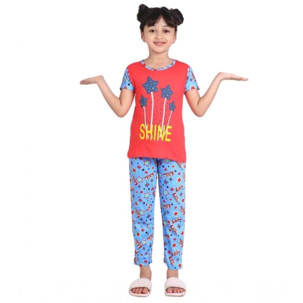 Generic Girl's Cotton Hosiery Printed Night Suit Set (Red-Blue) - Image 2