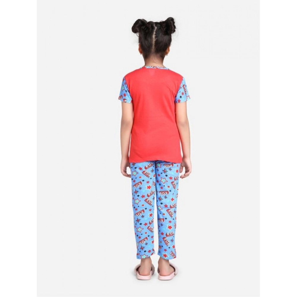 Generic Girl's Cotton Hosiery Printed Night Suit Set (Red-Blue) - Image 3