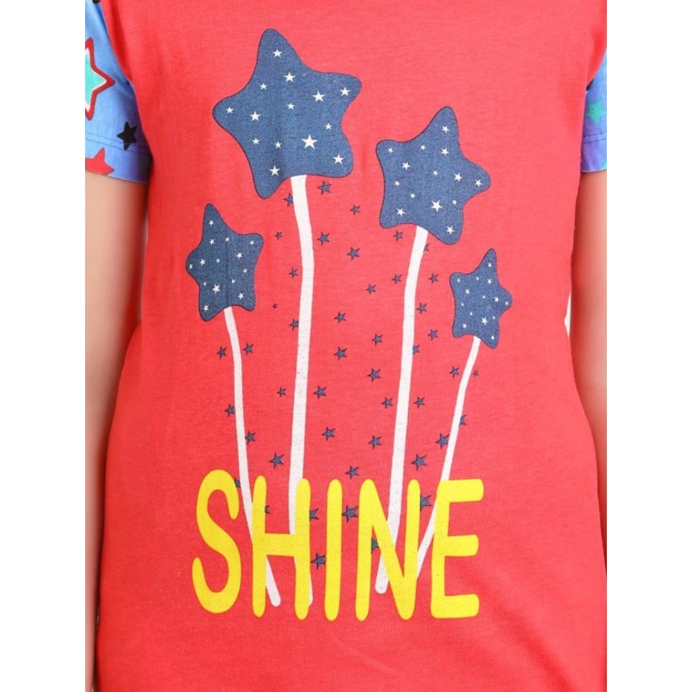 Generic Girl's Cotton Hosiery Printed Night Suit Set (Red-Blue) - Image 4