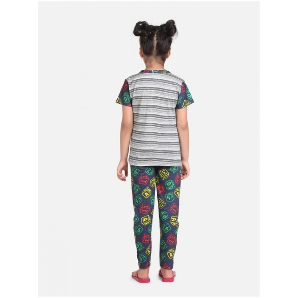 Generic Girl's Cotton Hosiery Printed Night Suit Set (Grey-Green) - Image 3