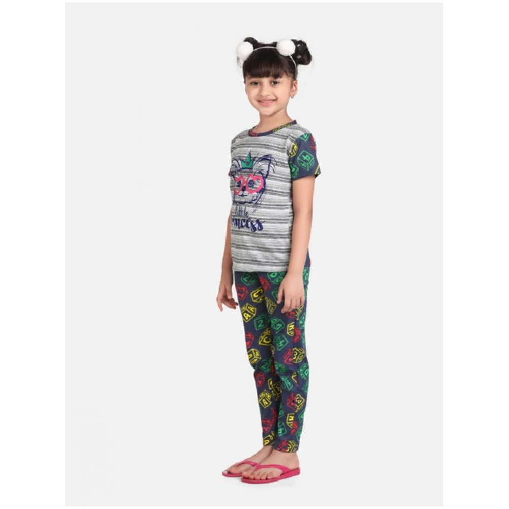 Generic Girl's Cotton Hosiery Printed Night Suit Set (Grey-Green) - Image 2