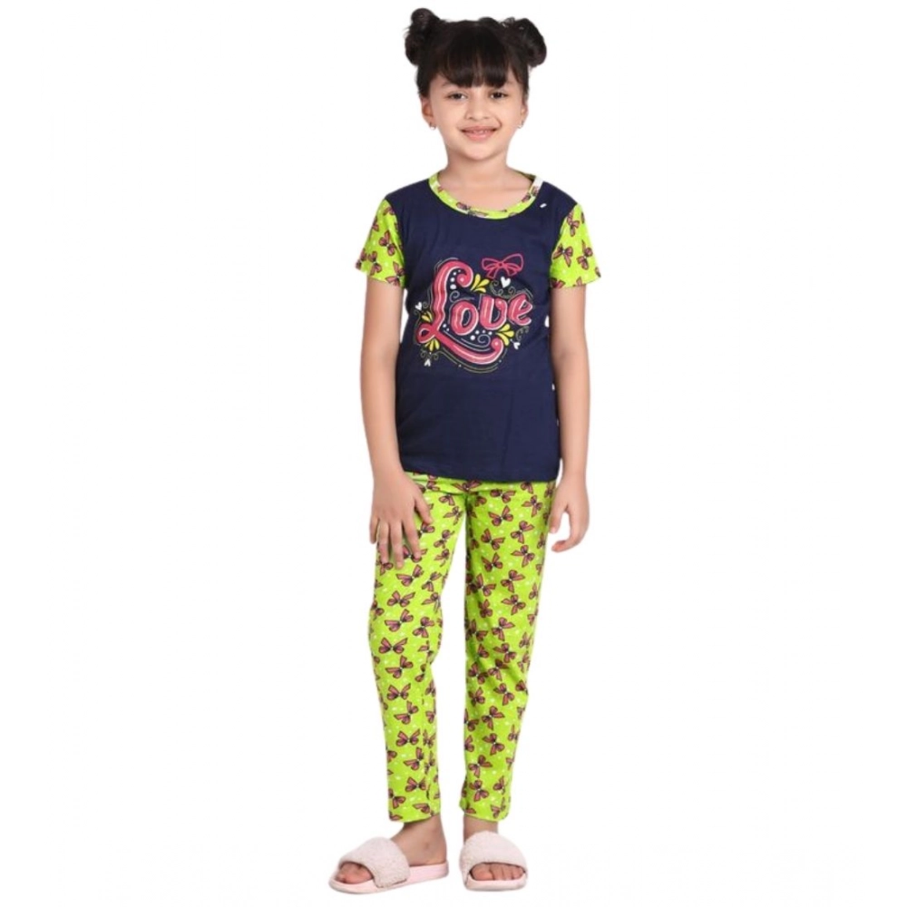 Generic Girl's Cotton Hosiery Printed Night Suit Set (Navy-Green) - Image 2