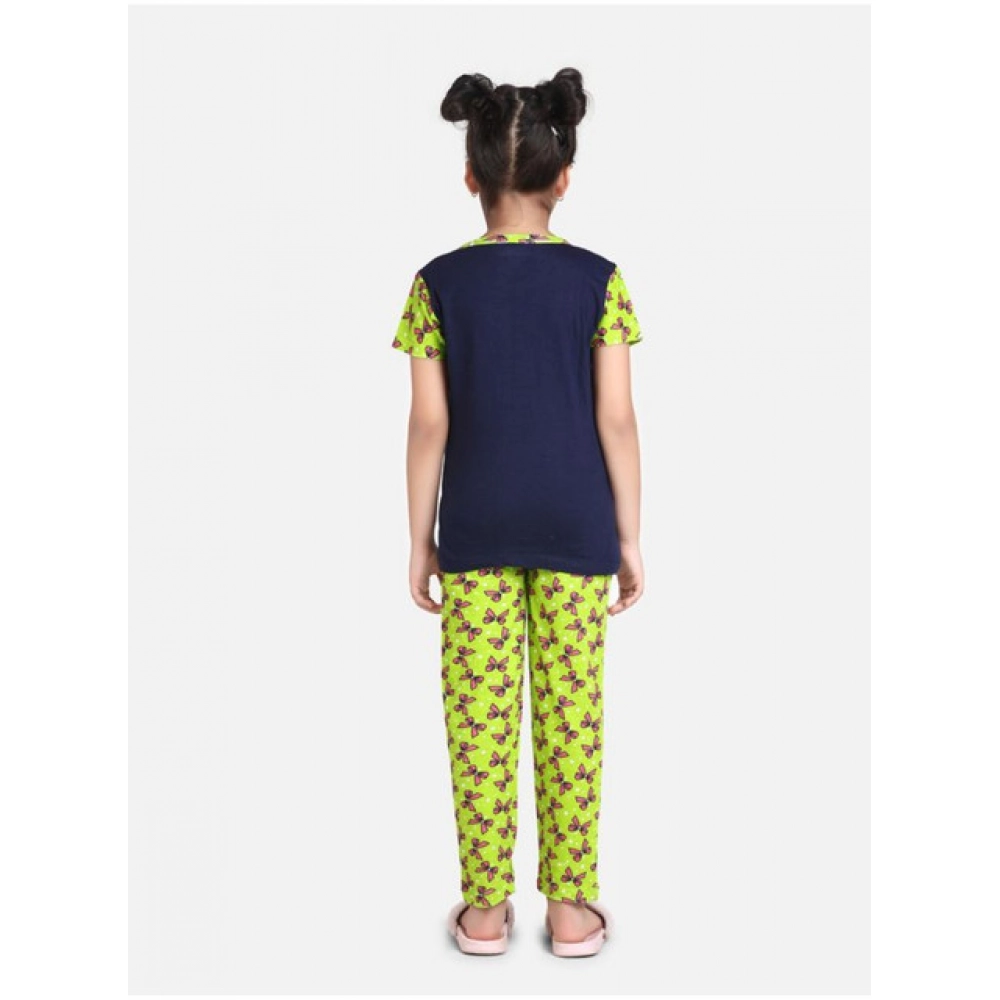 Generic Girl's Cotton Hosiery Printed Night Suit Set (Navy-Green) - Image 3