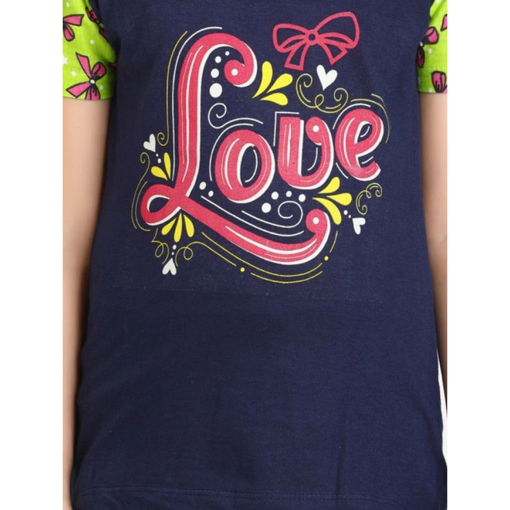 Generic Girl's Cotton Hosiery Printed Night Suit Set (Navy-Green) - Image 4