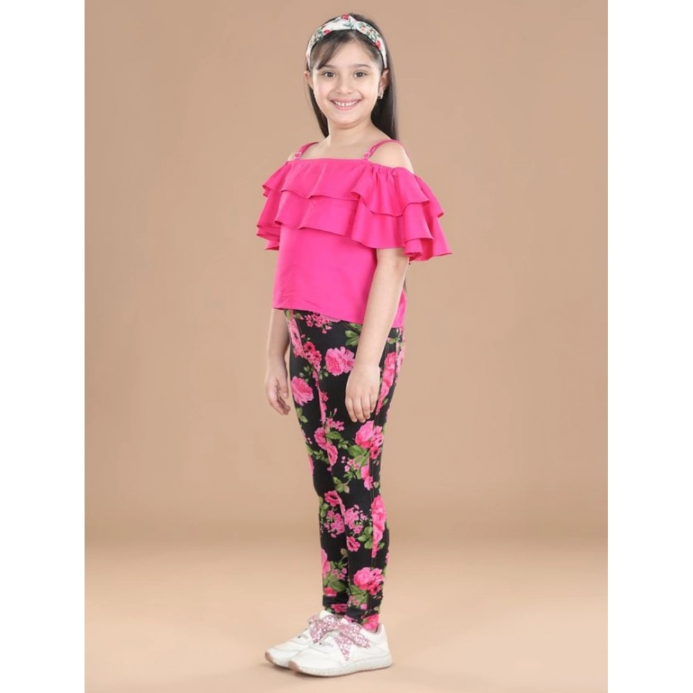 Generic Girl's Cotton Floral Elasticated Jegging and Top Set (Black-Pink) - Image 3