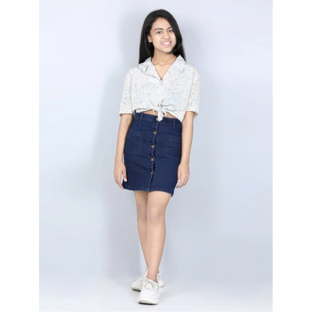 Generic Girl's Denim Solid Buttoned Skirt (Navy Blue)