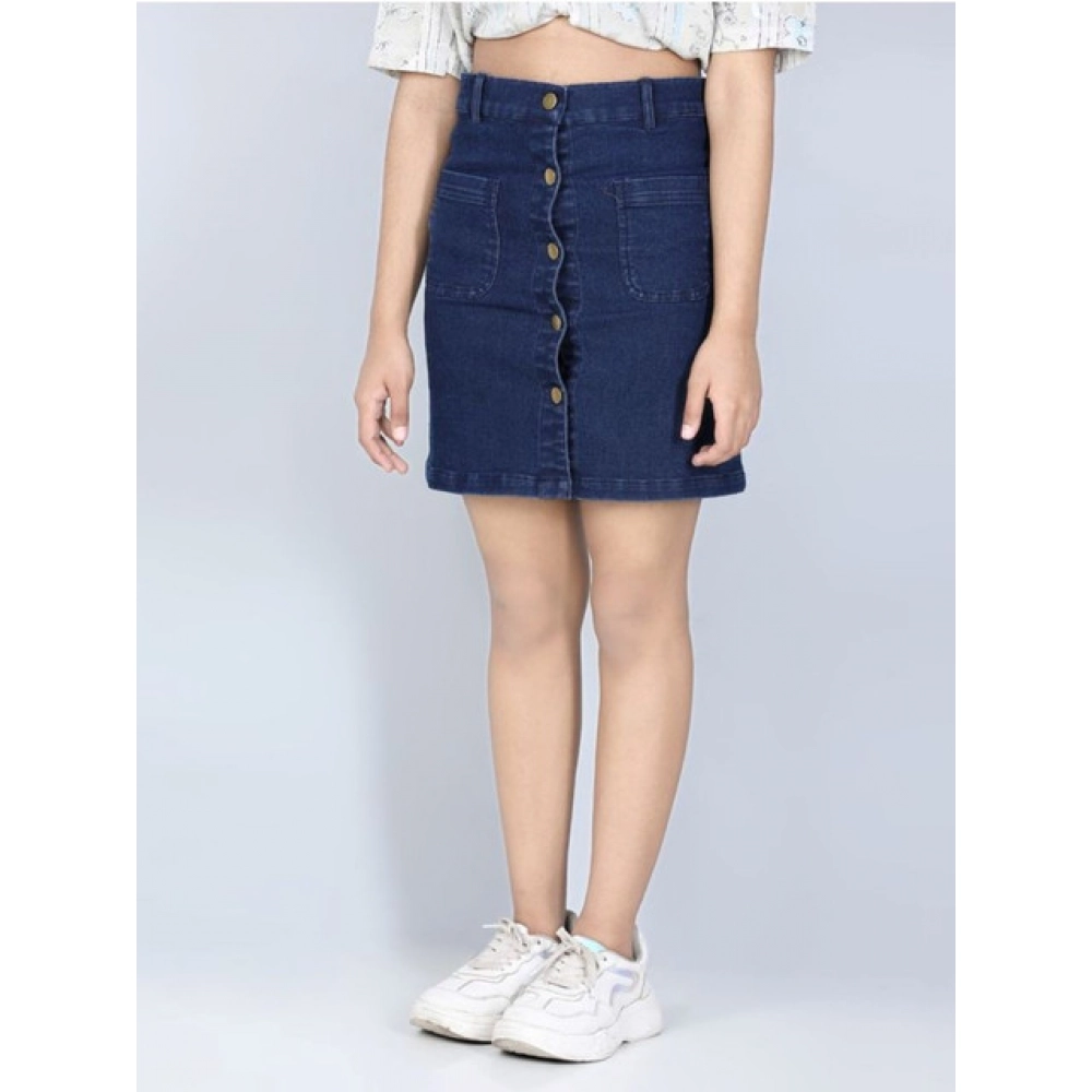 Generic Girl's Denim Solid Buttoned Skirt (Navy Blue) - Image 3